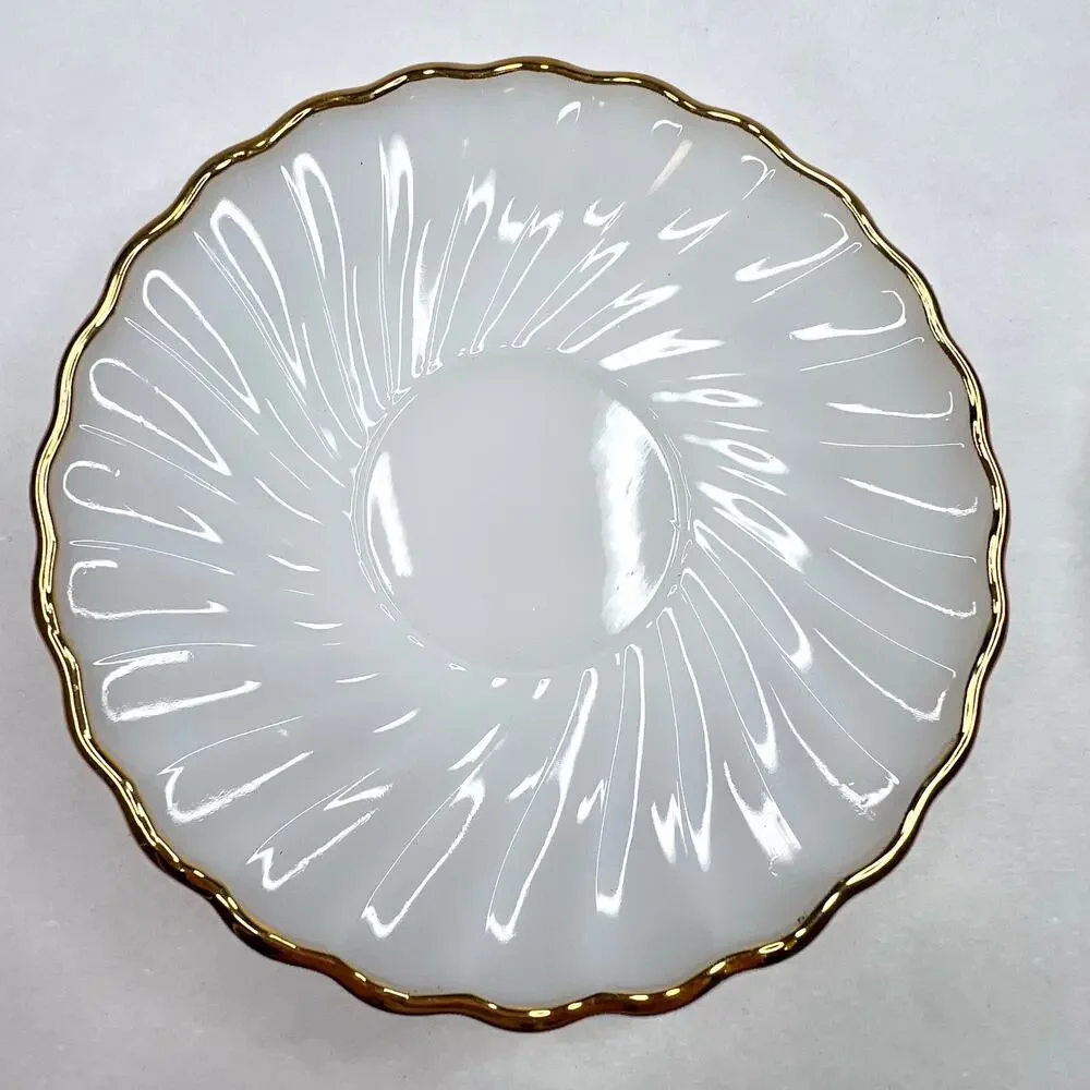 Two Vintage Anchor Hocking Fire King Milk Glass Gold Trim Saucers